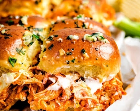 Easy Garlic Butter Buffalo Chicken Pull Apart Sliders top view
