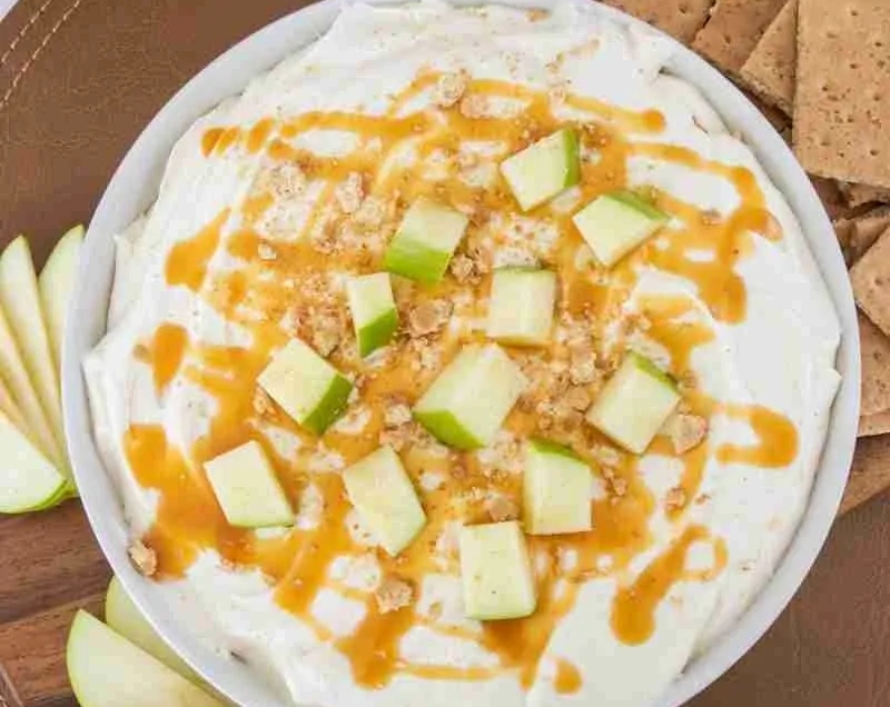 The Best Caramel Apple Cheesecake Dip Recipe Ever suggested serving