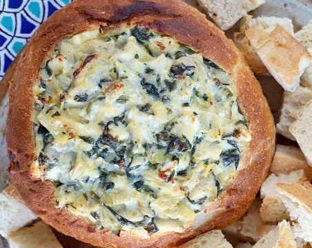 Ultimate Game Day Spinach Artichoke Dip Bread Bowl top view